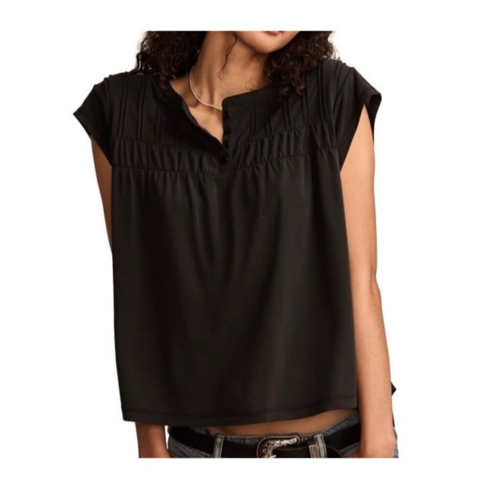 Lucky Brand Smocked Short-Sleeve Henley Top Jet Black Size L New With Tags